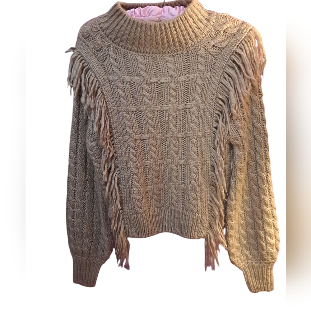 Altered State Brown Cable Knit Fringe Sweater. Size Small